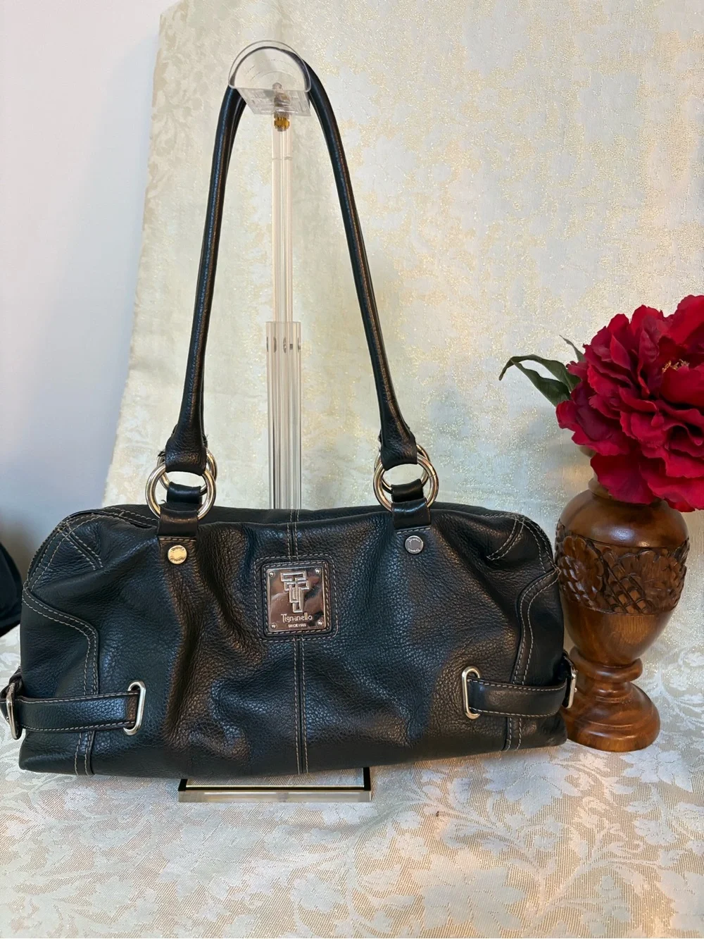 Tignanello Black Pebbled Leather Shoulder Bag with Silver Hardware